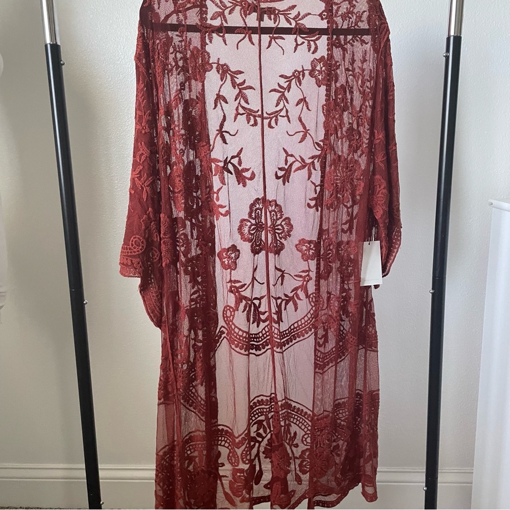 Polagram Burgundy Sheer Embroidered Kimono